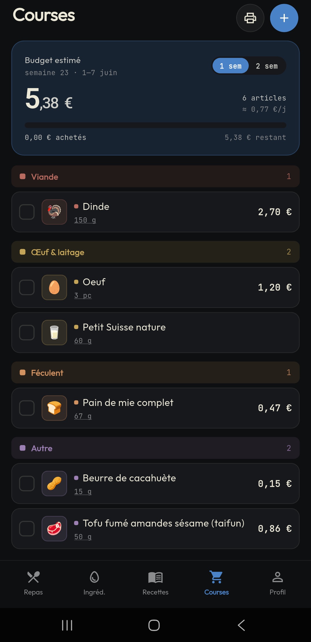 Liste de courses avec budget estimé