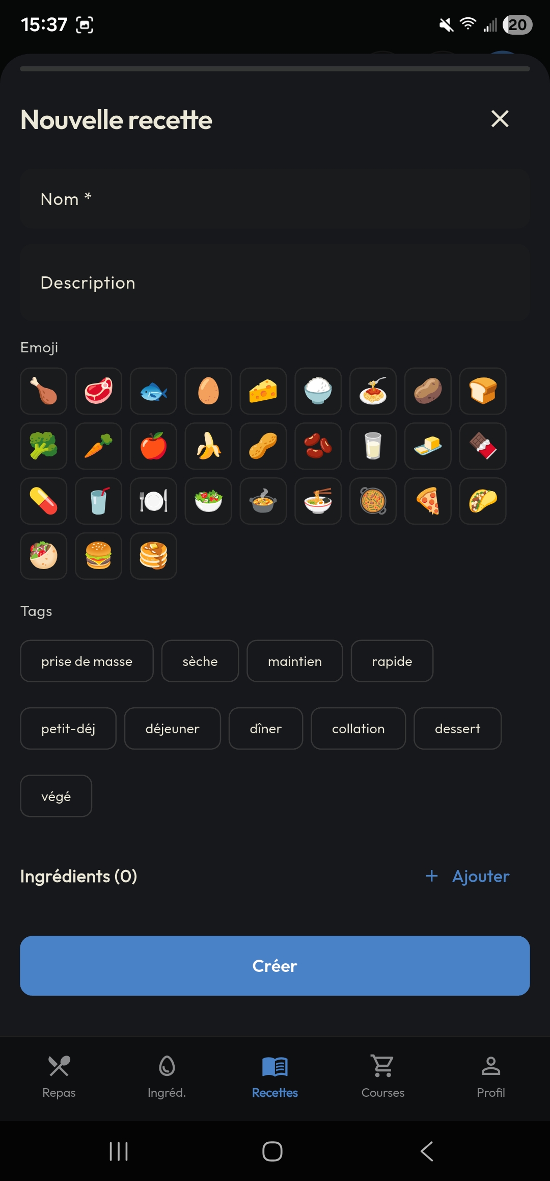 Écran Nouvelle recette : création d’une recette personnalisée