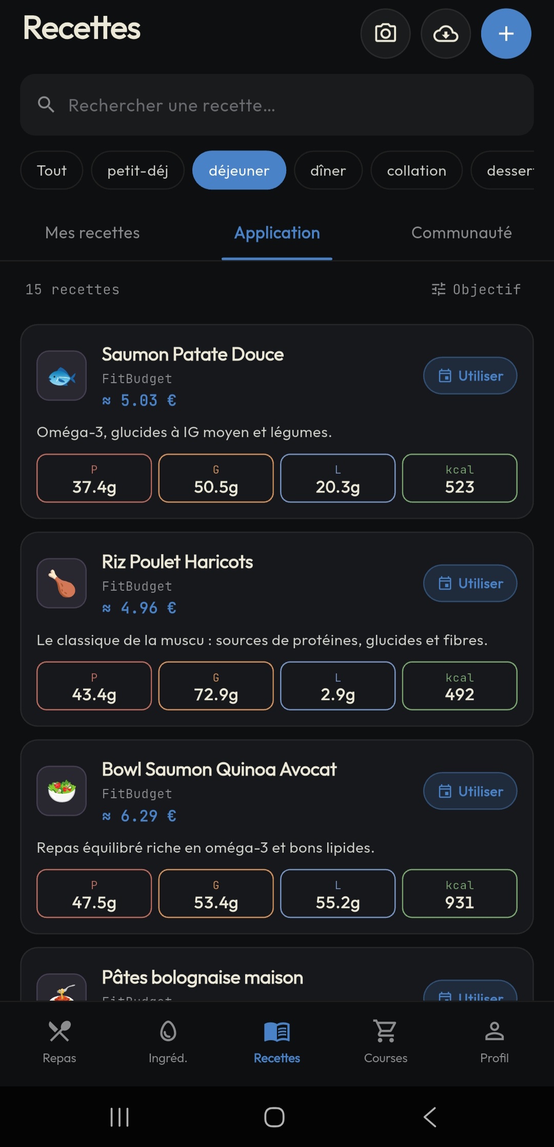 Catalogue de recettes calibrées muscu