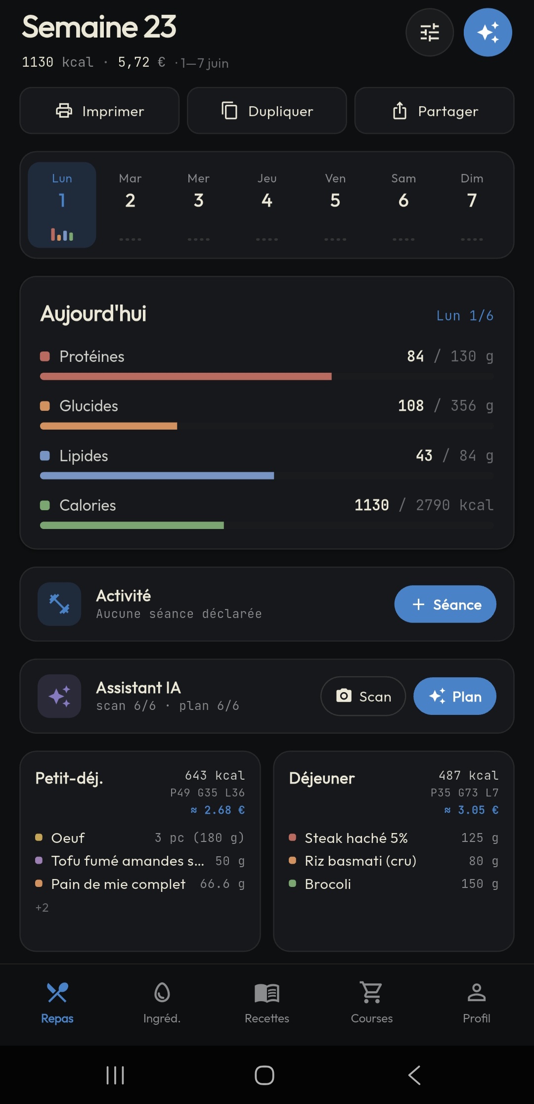 Écran de suivi des repas et macros de FitBudget