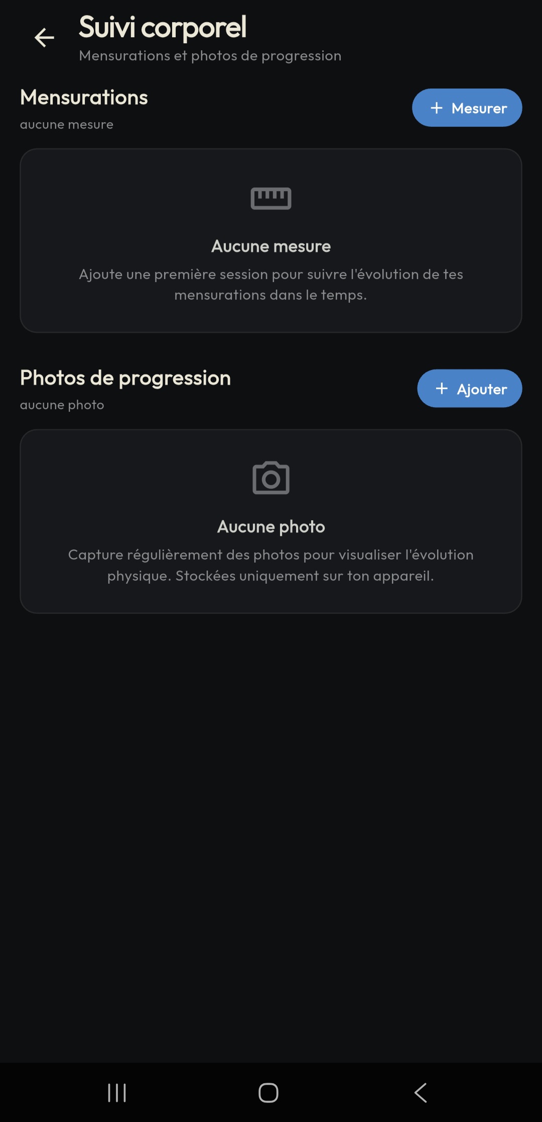 Écran de suivi corporel : mensurations et photos